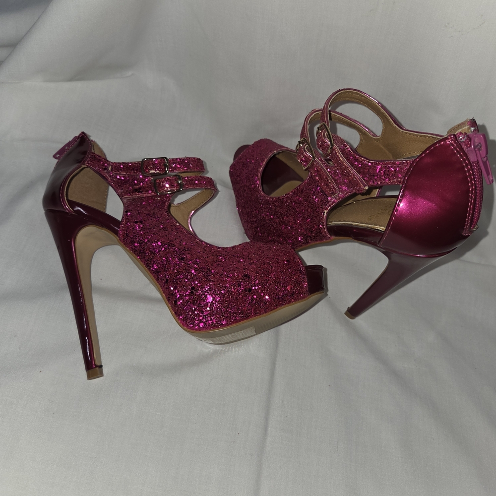 Shoe Dazzle Fuchsia Glitter Double-Strap Platform Heels - Picture 2 of 9